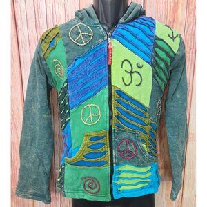 Laxmans Collection Womens Hooded Nepali Jacket With Peace & Om Embroidery Medium